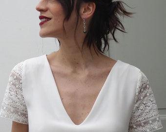 Short wedding dress for civil bride. lace sleeves