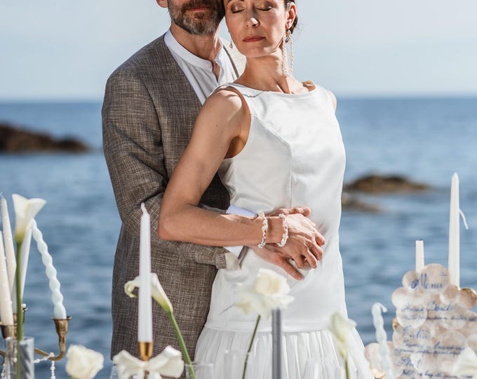 ALIX: Two-piece wedding dress set, modern wedding outfit, satin backless top and pleated chiffon sunburst skirt, minimalist wedding