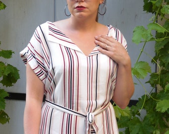 Striped Shirt Dress for Women, Summer Belted Dress, French Made Cotton Dress, Short Sleeve Dress, Casual Chic Shirt Dress, Red Stripe Dress