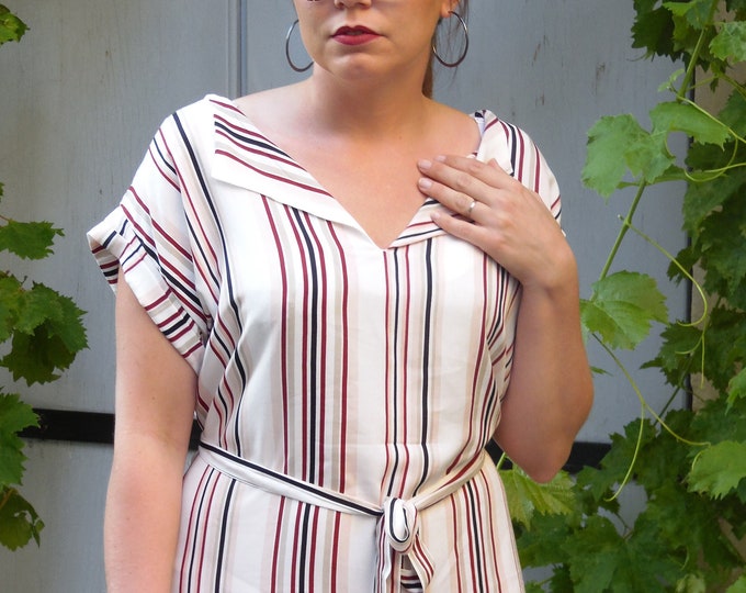 Striped Shirt Dress for Women, Summer Belted Dress, French Made Cotton Dress, Short Sleeve Dress, Casual Chic Shirt Dress, Red Stripe Dress