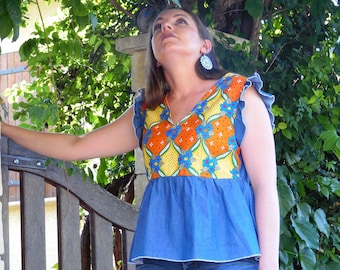 Women's summer top in lightweight denim and Japanese fabric, retro style, fashionable and original. Blouse with decorative ruffles. Made in France
