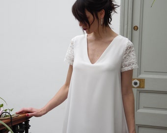 Short wedding dress for civil bride. lace sleeves