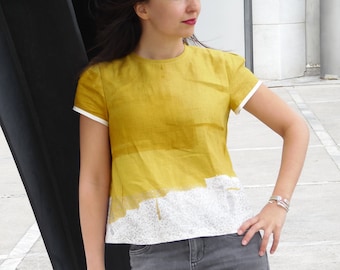 Women's blouse in Japanese linen : yellow and silver