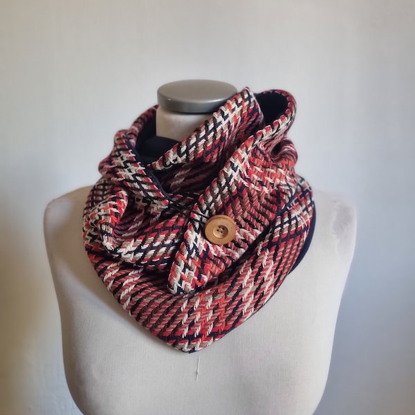 Women's red checkered scarf: triangle snood with neck button. gift idea for her