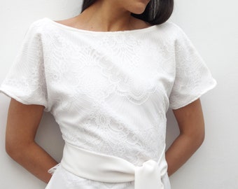 AYANA: Simple, long boho wedding dress, Chantilly lace, Japanese kimono style, custom-made in France