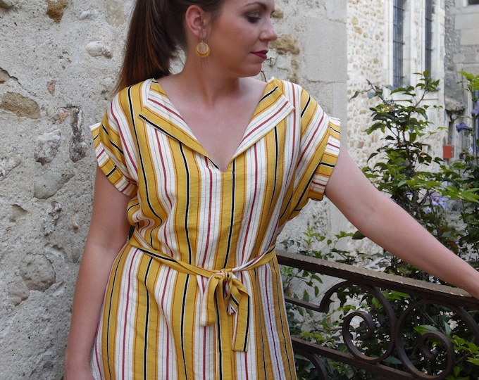 Women's shirt dress with mustard yellow stripes