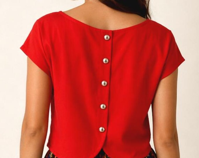 Women's bright red poppy top with short balloon sleeves – Chic top for formal occasions, bridesmaids, wedding guests, France