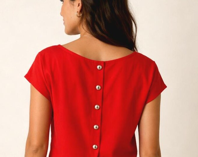 Women's bright red poppy top with short balloon sleeves – Chic top for formal occasions, bridesmaids, wedding guests, France