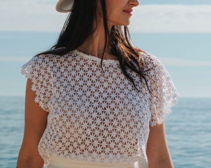 Macrame lace wedding dress top for a two-piece separate dress. Boho & rustic style. White crochet guipure top.