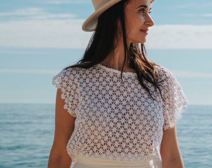 Macrame lace wedding dress top for a two-piece separate dress. Boho & rustic style. White crochet guipure top.