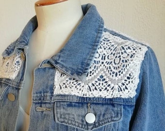 Bridal jacket in denim jeans and lace. Custom back option.