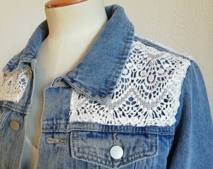 bridal jacket in denim jeans and lace. Custom back option.