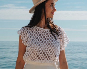 White lace top for boho style separate wedding dress. Two-piece wedding outfit with skirt or bridal pants.