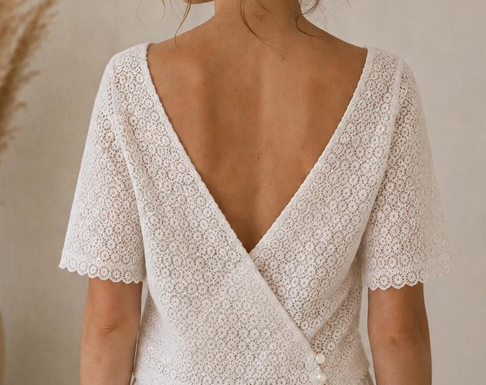 Ivory crochet lace top - Boho chic wedding or summer top for women. Made in France to order. Top for a bridal outfit