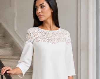 Short ivory wedding dress in crepe and guipure lace – Civil wedding dress – Town hall dress – Brunch dress – 3/4 sleeves. France