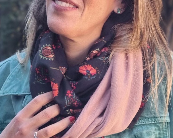 Women's snood with floral print on a black background and soft knit, infinity scarf, perfect as a Christmas gift