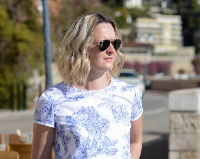 Toile de jouy cotton blouse top, women's blouse with short balloon sleeves