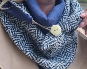 Tweed wool scarf tied with a button, triangular snood neck warmer, winter bandana - handmade gift accessory idea for women and men