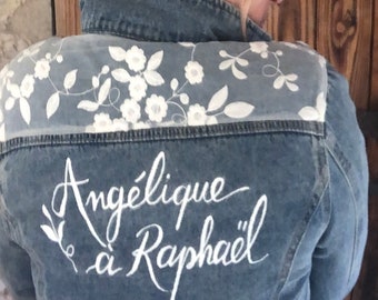 Custom denim wedding jacket for the bride, hand-painted inscription made to order