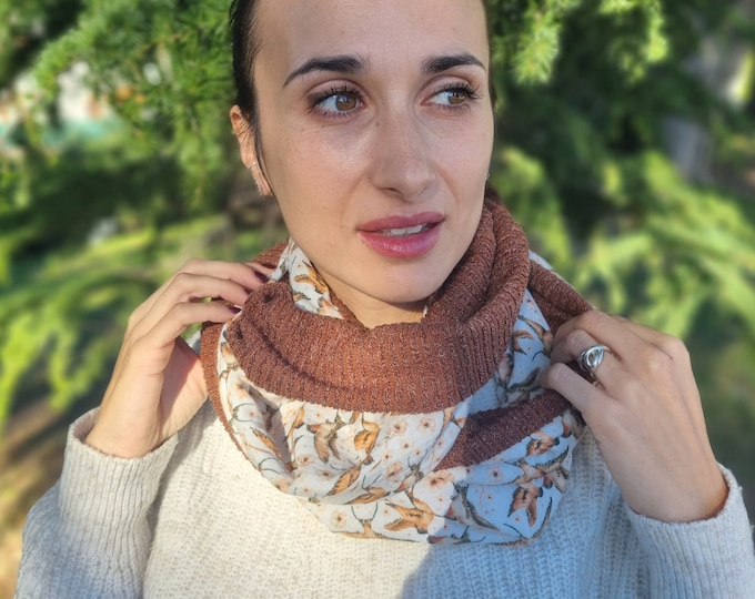 SNOOD infinity scarf for women, brown knit and bird print on cotton gauze