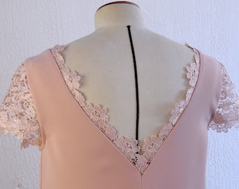 Women's powder pink backless cocktail dress with lace