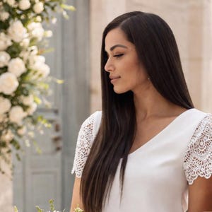 May include: A white V-neck top with lace sleeves. The sleeves feature a delicate, openwork lace design. The top is made of a smooth, opaque fabric. The background includes white flowers and a light blue door.