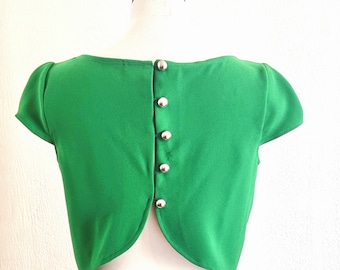 Bright green women's top with balloon sleeves, size 38 - Open back with silver buttons - Chic top for ceremony, bridesmaid, wedding guest