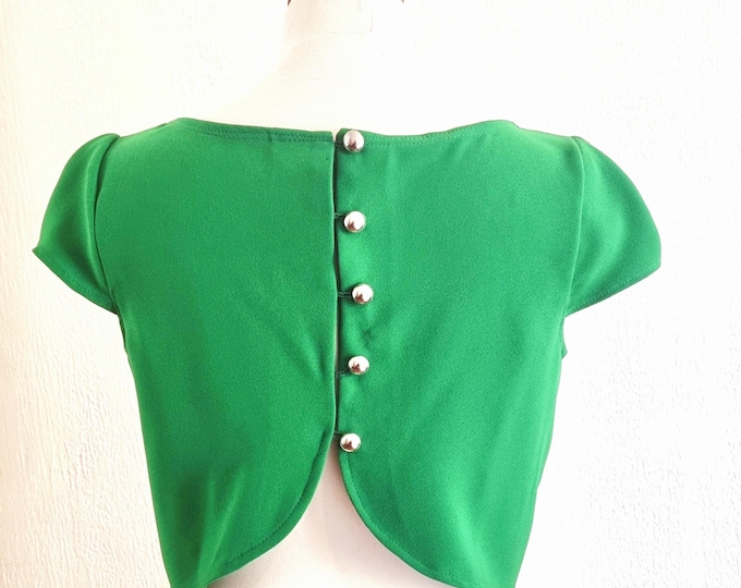 Bright green women's top with balloon sleeves, size 38 - Open back with silver buttons - Chic top for ceremony, bridesmaid, wedding guest