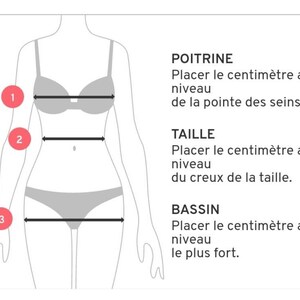 Pu&ograve; includere: Diagramma che mostra come misurare il busto, la vita e i fianchi. Il diagramma mostra una persona con tre linee che indicano dove misurare. Il testo dice: "POITRINE Placer le centim&egrave;tre au niveau de la pointe des seins. TAILLE Placer le centim&egrave;tre au niveau du creux de la taille. BASSIN Placer le centim&egrave;tre au niveau le plus fort."