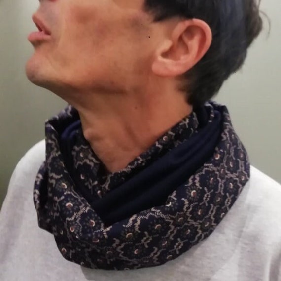 Snood Neck Warmer for Men or Women, Navy Blue Scarf, Camel