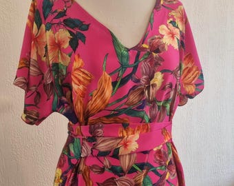 Fuchsia satin mid-length dress for cocktail or wedding guest
