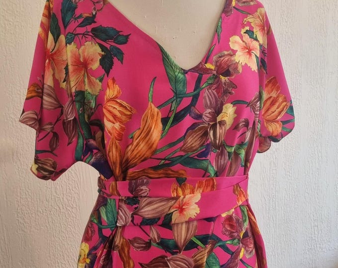 Fuchsia satin mid-length dress for cocktail or wedding guest