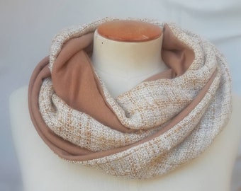 Womens winter accessory: Snood infinite scarf, pink silk and wool tweed. Wrap around collar, circular tubular scarf.