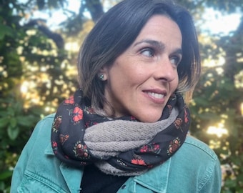 Women's snood with floral print on a black background and soft knit, infinity scarf, perfect as a Christmas gift