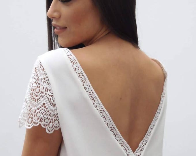 MARWA - Short Ivory Wedding Dress for Civil Wedding - Lace Trapeze Bridal Dress - French Handmade Design