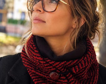 Red and black tweed wool scarf with a button. Triangular neck warmer, winter bandana - handmade gift accessory idea for women