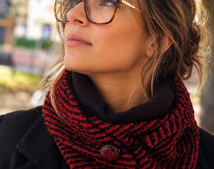 Red and black tweed wool scarf with a button. Triangular neck warmer, winter bandana - handmade gift accessory idea for women