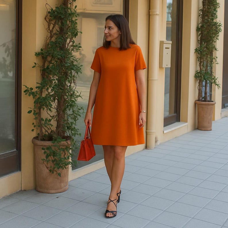 Peut inclure: Une femme portant une robe chemise orange vif à manches courtes et des sandales à talons noirs. Elle porte un petit sac à main rouge.