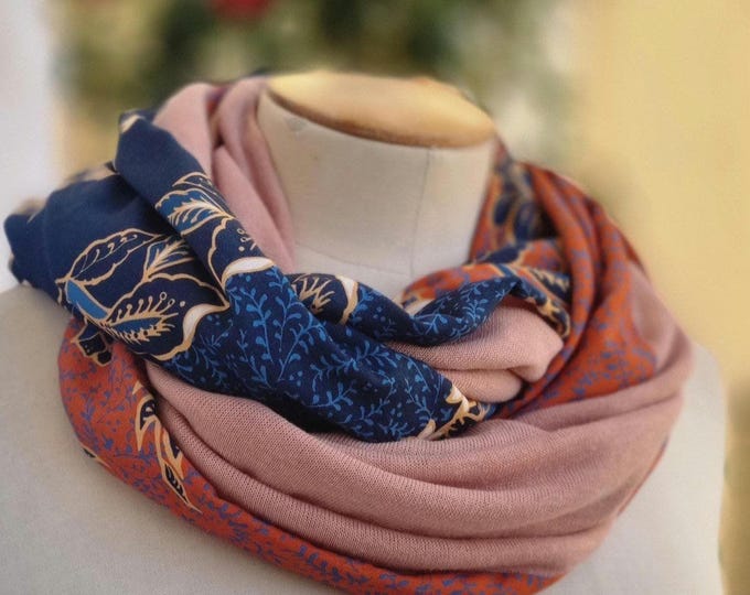 Women's tube scarf/shawl in soft dusty rose knit and chic colorful floral fabric. Double-wrap snood. France, Nice