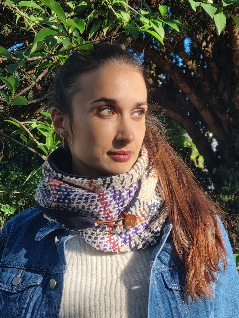 Neck warmer with button Checked scarf for women. cheche gift idea for her image 1