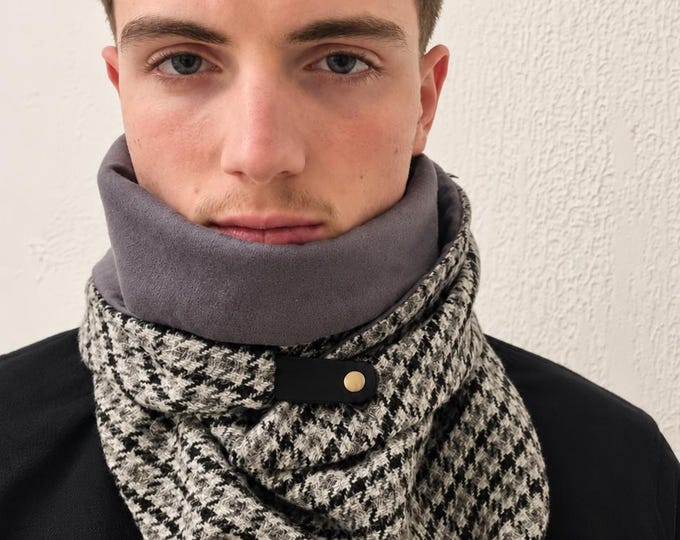 Unisex scarf in Harris tweed wool and grey fleece cotton - triangular snood neck warmer - handmade gift idea for men or women. France