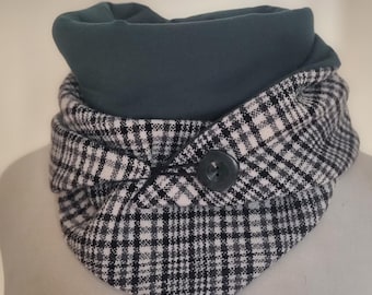 Women's scarf with button in Harris tweed wool and dark green fleece cotton - triangular snood neck warmer - handmade gift idea for women