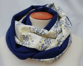 Blue and yellow graphic snood scarf. Infinite scarf, neck circumference, tubular scarf, tube scarf