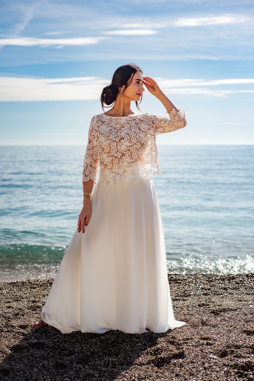 Top in pizzo per la sposa, top in pizzo bianco per abito da sposa