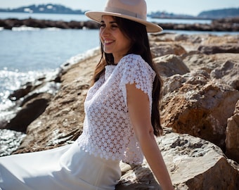 Macrame lace wedding dress top for a two-piece separate dress. Boho & rustic style. White crochet guipure top.