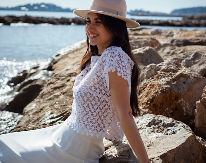 Macrame lace wedding dress top for a two-piece separate dress. Boho & rustic style. White crochet guipure top.