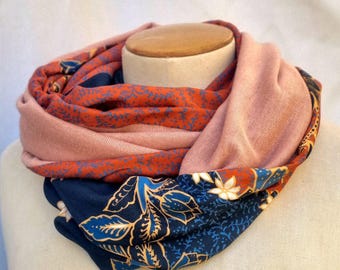 Women's tube scarf/shawl in soft dusty rose knit and chic colorful floral fabric. Double-wrap snood. France, Nice