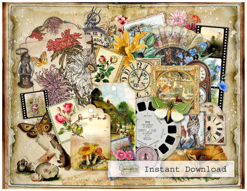 Junk Journal Printable, Vintage Ephemera, Embellishments, Fussy Cut, Digital Download, Tags, Flowers, Films, Joanna Jeanne Creation image 1