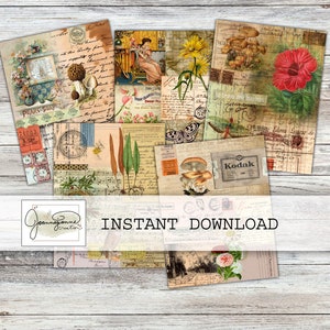 Printable Junk Journal Pages, Digital Download, Vintage, Flowers, Mushrooms, Butterflies, Joanna Jeanne Creation