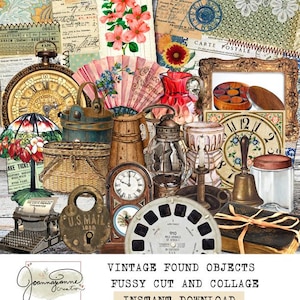 May include: A collection of vintage objects, including a clock, a lantern, a padlock, a fan, a birdcage, a book, a camera, a bell, a jar, a basket, a typewriter, and a picture frame. The objects are arranged on a wooden surface. The image is titled "Vintage Found Objects Fussy Cut and Collage Instant Download".